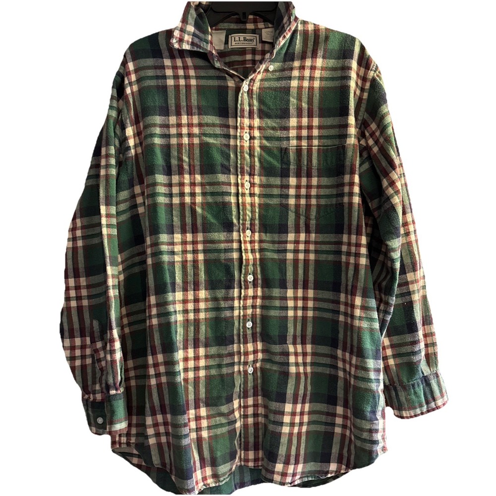 Vintage LL Bean Northwoods Mens Large‎ Tall Green Flannel Plaid LS Shirt Outdoor